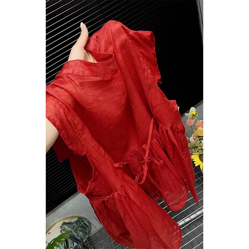 独特洋气设计感红色系带无袖上衣夏季超好看减龄时髦显瘦宽松背心