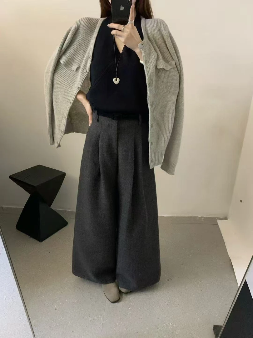 Datou·爆款！ 韩系高腰显瘦宽松毛呢阔腿裤直筒裤女配腰带37276