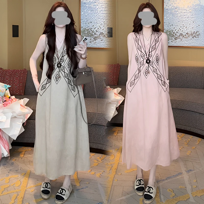 巨好看夏装气质高级感大方得体时尚卡其色刺绣连衣裙海边度假风女