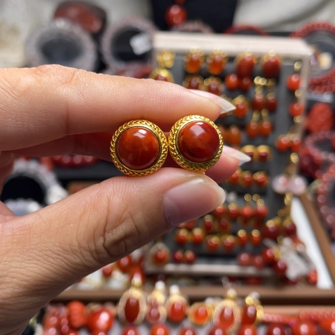 南红玛瑙银S925镶嵌耳扣