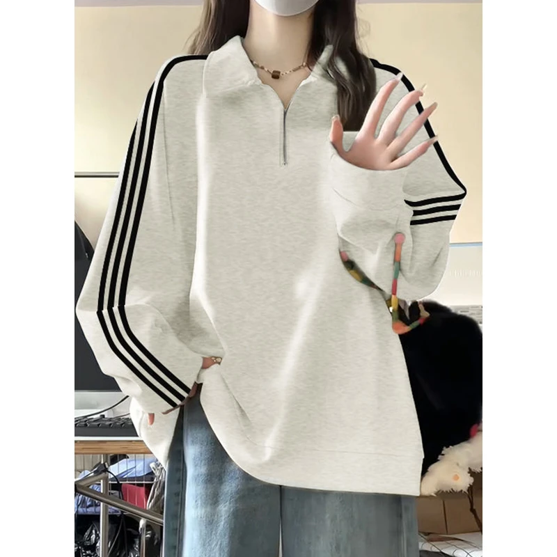 大码180斤原宿风半拉链条纹立领长袖卫衣女休闲百搭显瘦上衣ins潮