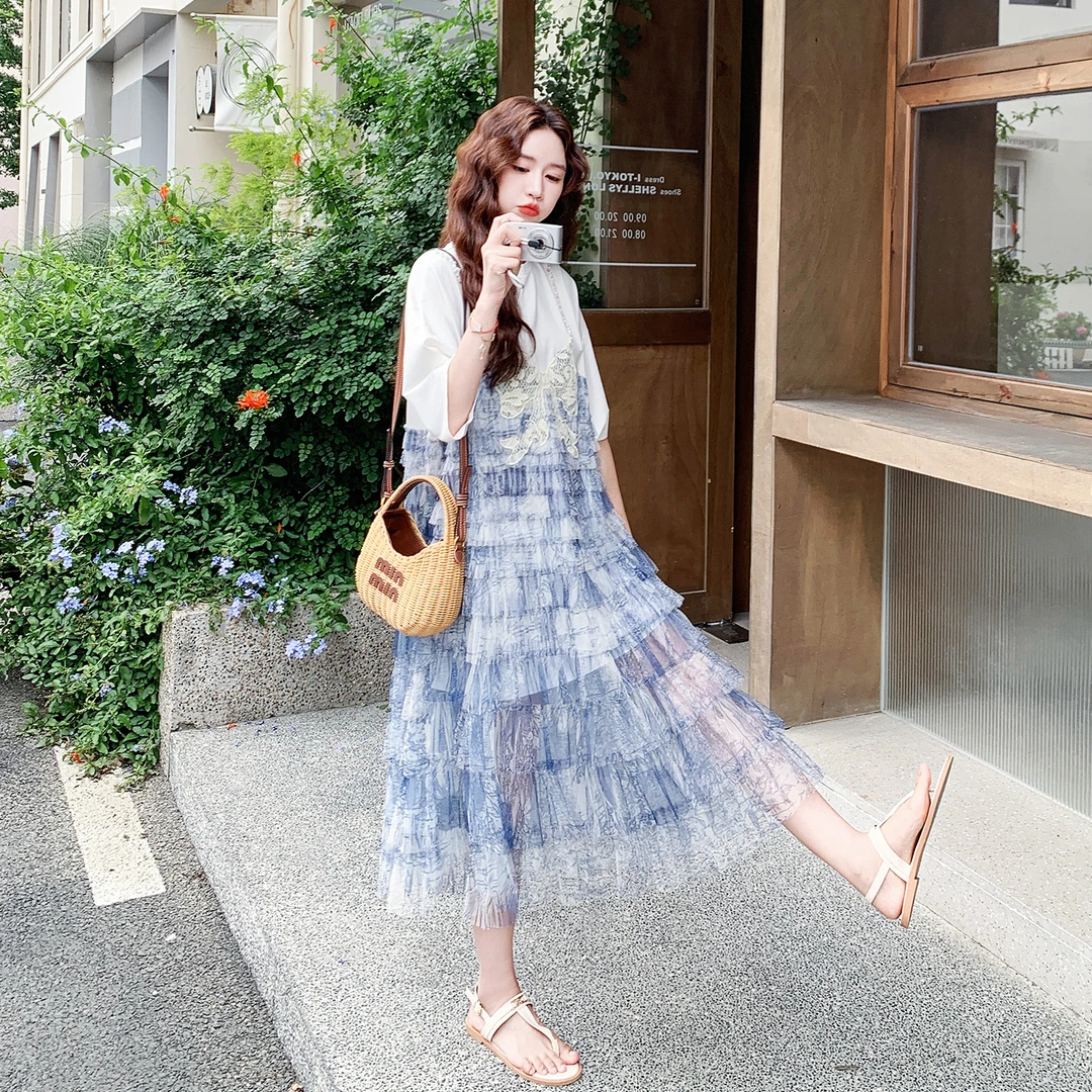 假两件扎染印花连衣裙女夏季2025新款法式气质减龄宽松显瘦蛋糕裙
