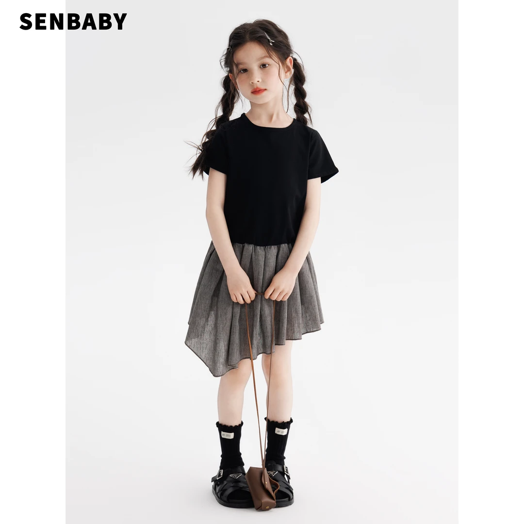 【现货】senbaby女童T恤裙夏季新款韩版不规则设计斜边拼接网纱裙