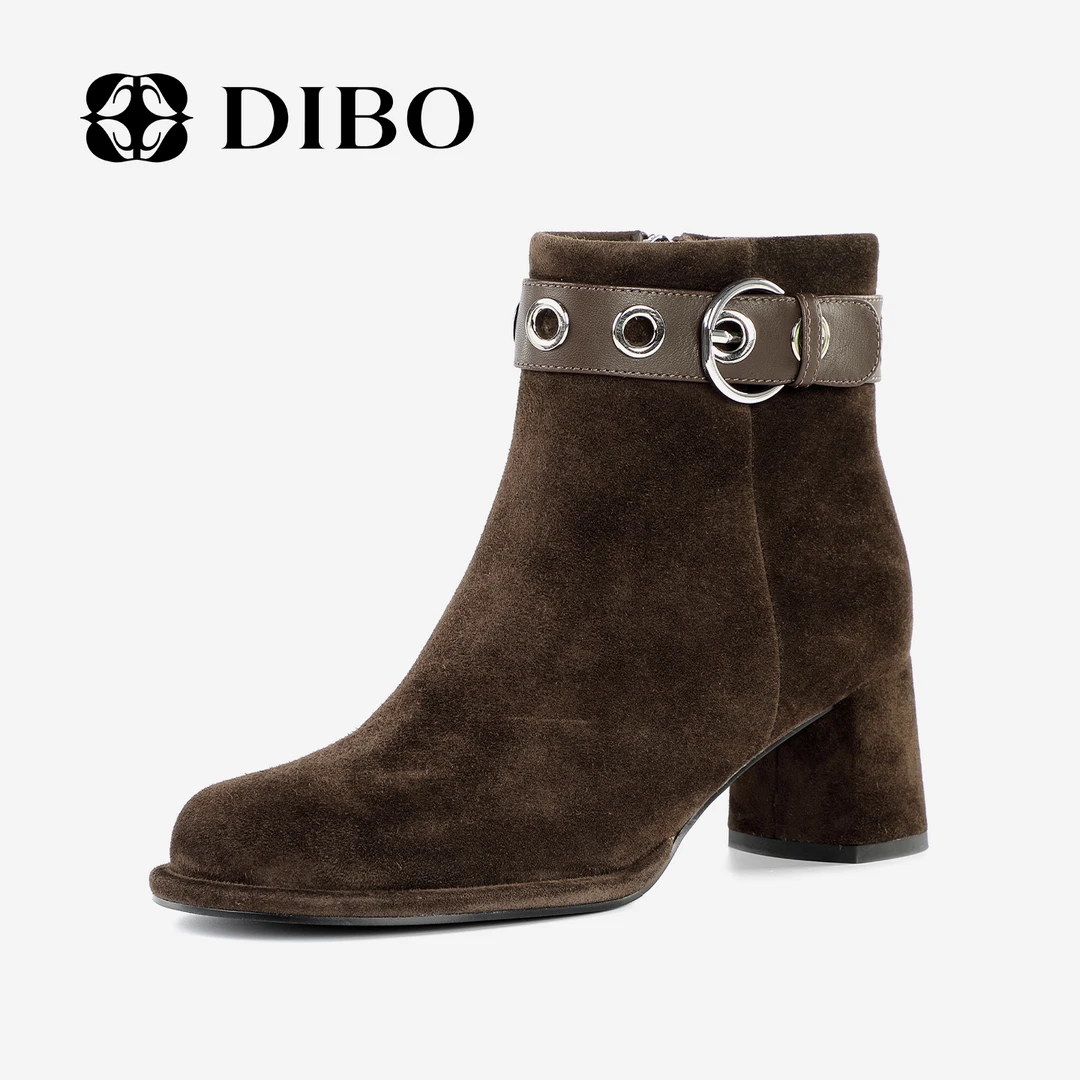 DIBO碲铂 法式优雅 粗跟绒面纯色简约短靴金属环扣带25453525