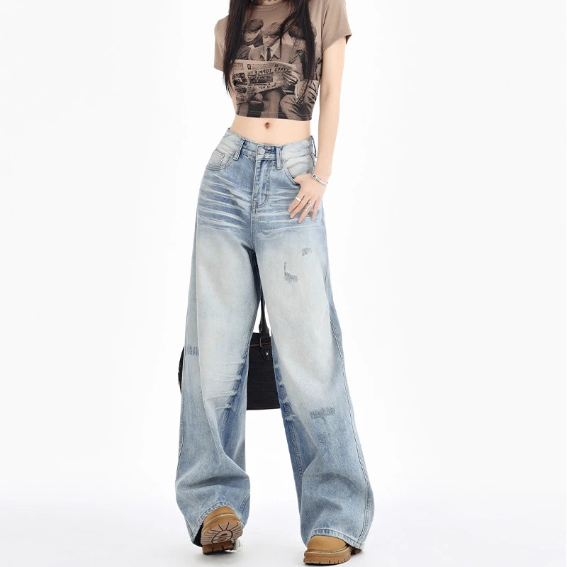 休闲欧美街头做旧水洗抓痕小众设计感阔腿裤女高腰显瘦百搭牛仔裤