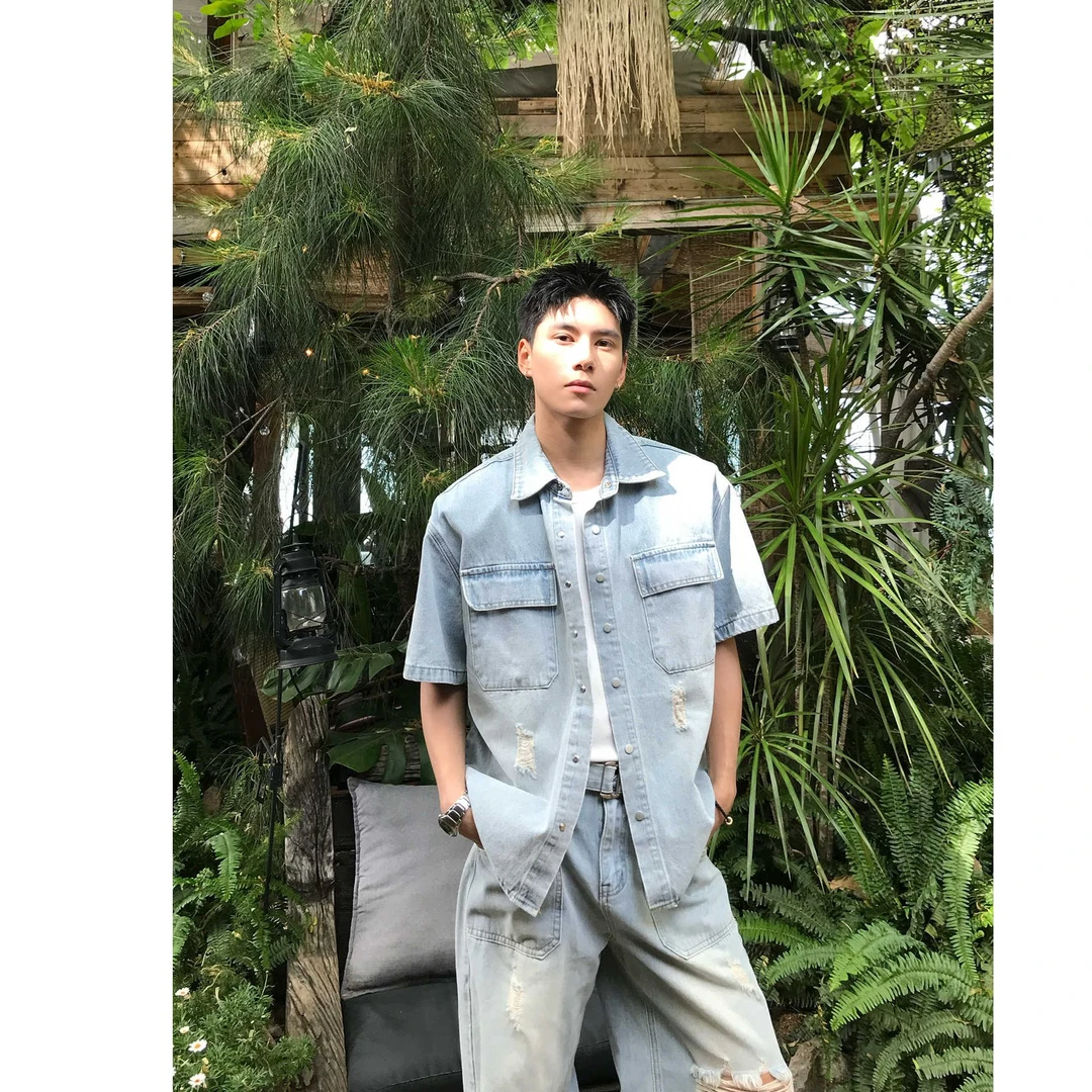 FANGWANG送腰带！美式破洞牛仔短袖衬衫宽松弯刀设计长裤休闲套装