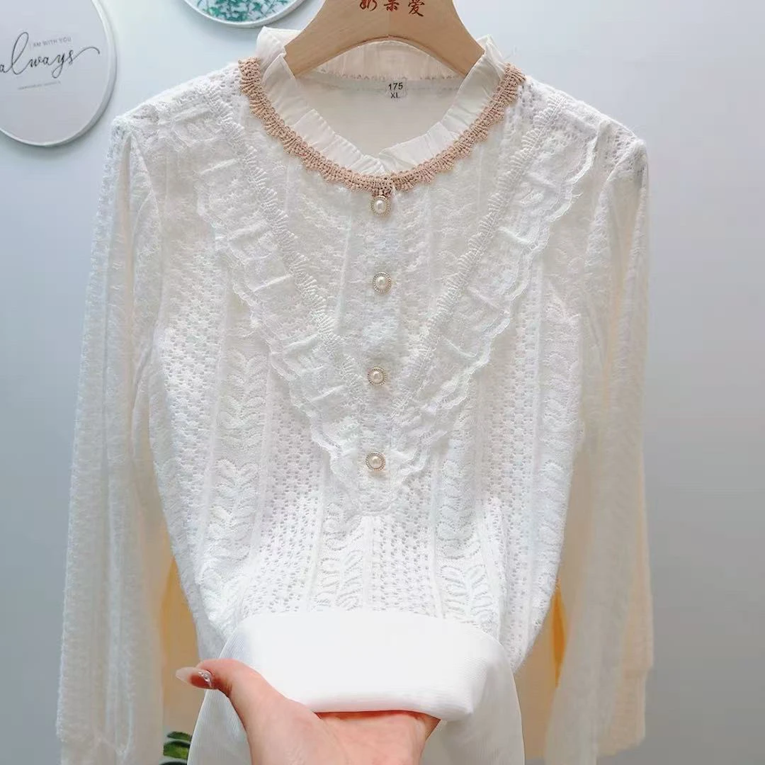 蕾丝打底衬衫女秋冬宽松显瘦加绒加厚长袖洋气气质内搭时尚上衣女