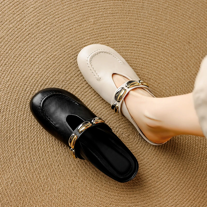 3.5CM真皮牛皮包头半拖鞋女夏外穿穆勒鞋凉拖鞋内增高平底懒人鞋