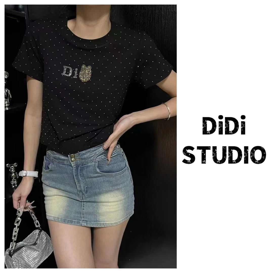 夏季时尚潮流重工烫钻显瘦圆领修身t恤