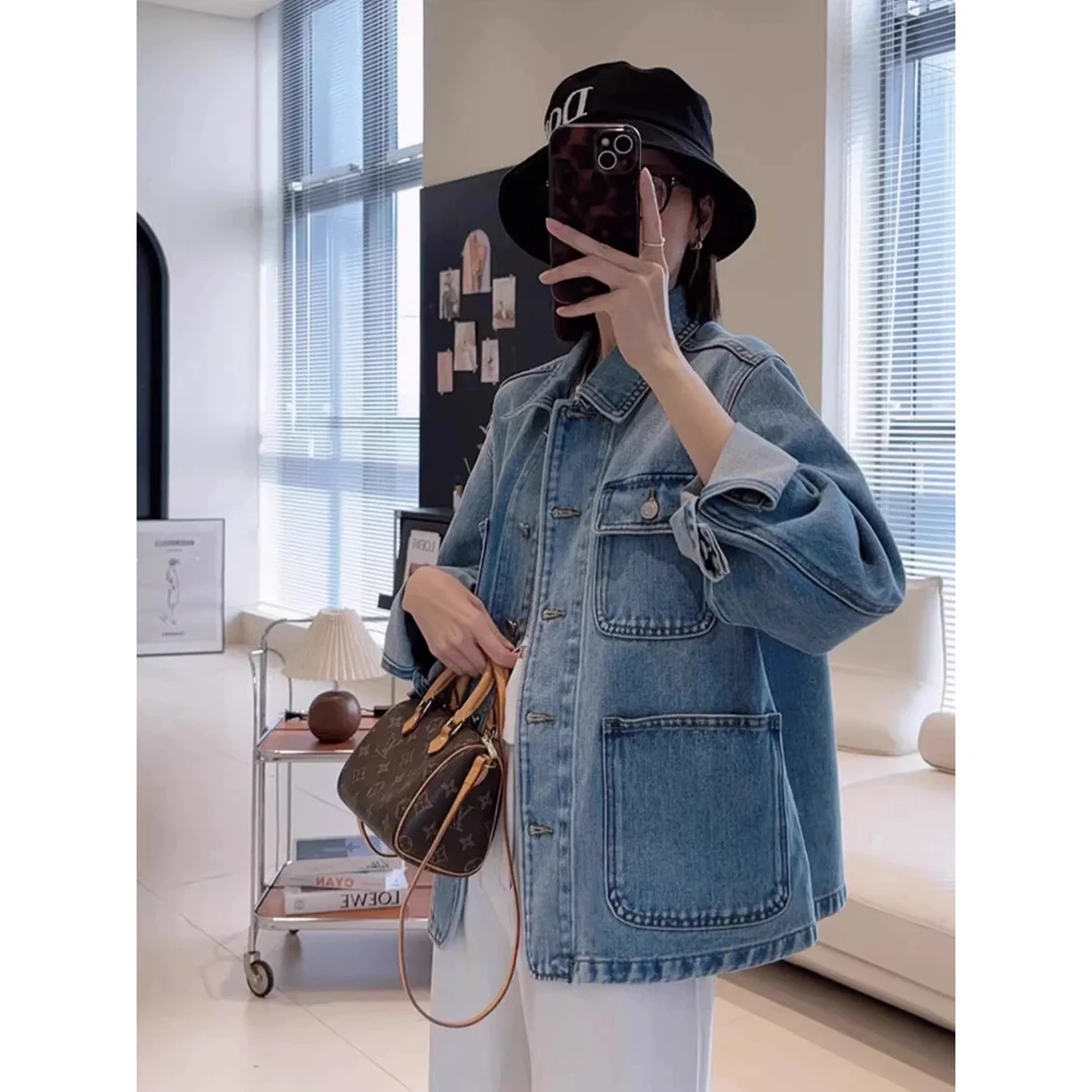 2025秋季新款法式小香风独特超好看又a又飒蓝色Polo领牛仔外套女