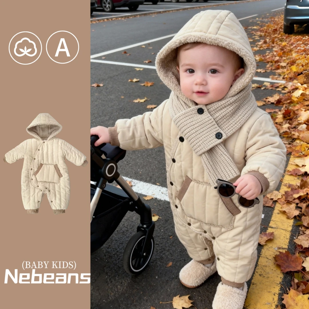 【围巾+连身衣】加绒连帽防风保暖连体衣外出服美拉德男女宝哈衣爬