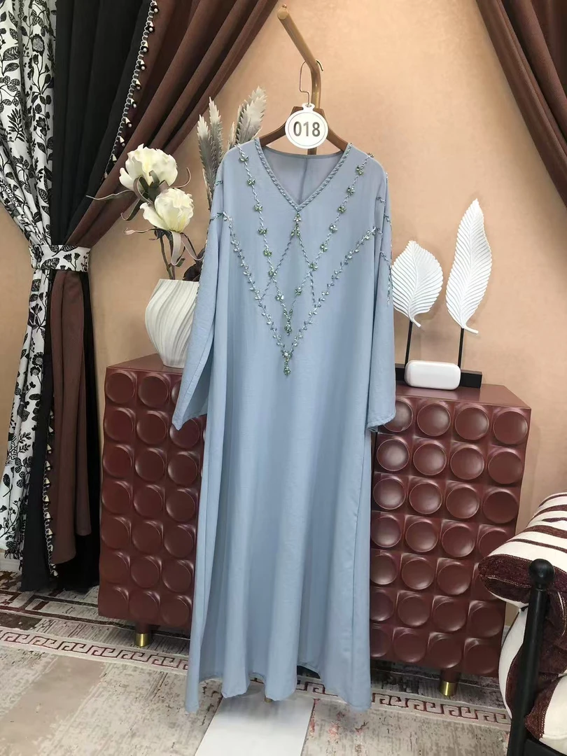 【A121】蓝韵珠缀  浅蓝色V领串珠几何纹长裙袖宽松简约长裙轻奢