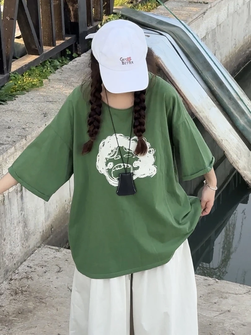 【赵哈哈】爆炸头日系短袖T恤纯棉夏季新款圆领小衫文艺百搭宽松