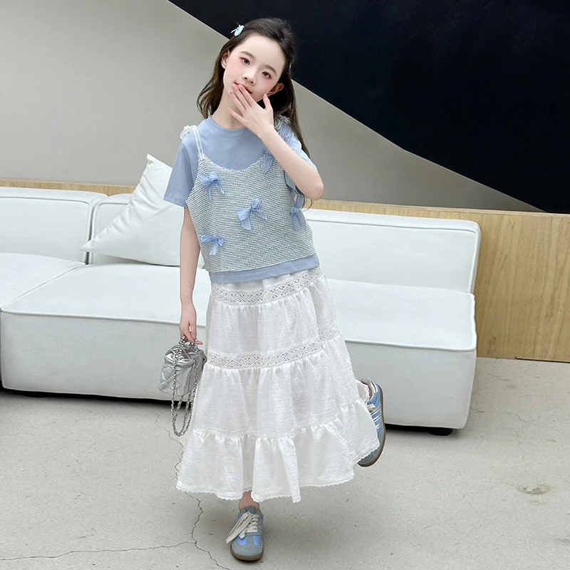 女童夏季套装2025新款花边裙儿童蕾丝吊带背心大童上衣叠穿三件套