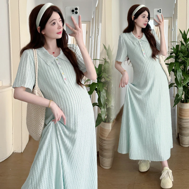 时髦孕妇装新款大码显瘦气质2025夏季上新polo领孕妇装长款连衣裙