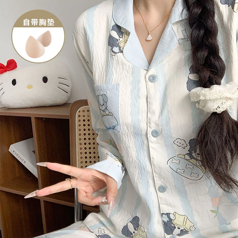 春秋季爆款带胸垫长袖长裤睡衣女款卡通风女士家居服学生套装外穿