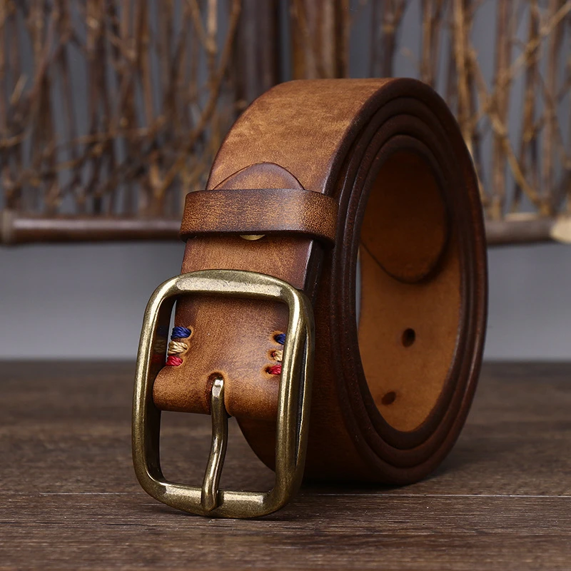 阿美咔叽工装裤带男真皮复古手工皮带头层牛皮铜扣牛仔裤腰带做旧