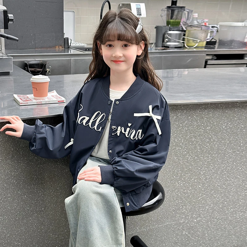 女童外套2025春季新款蝴蝶结字母棒球服中大童韩系洋气儿童上衣潮
