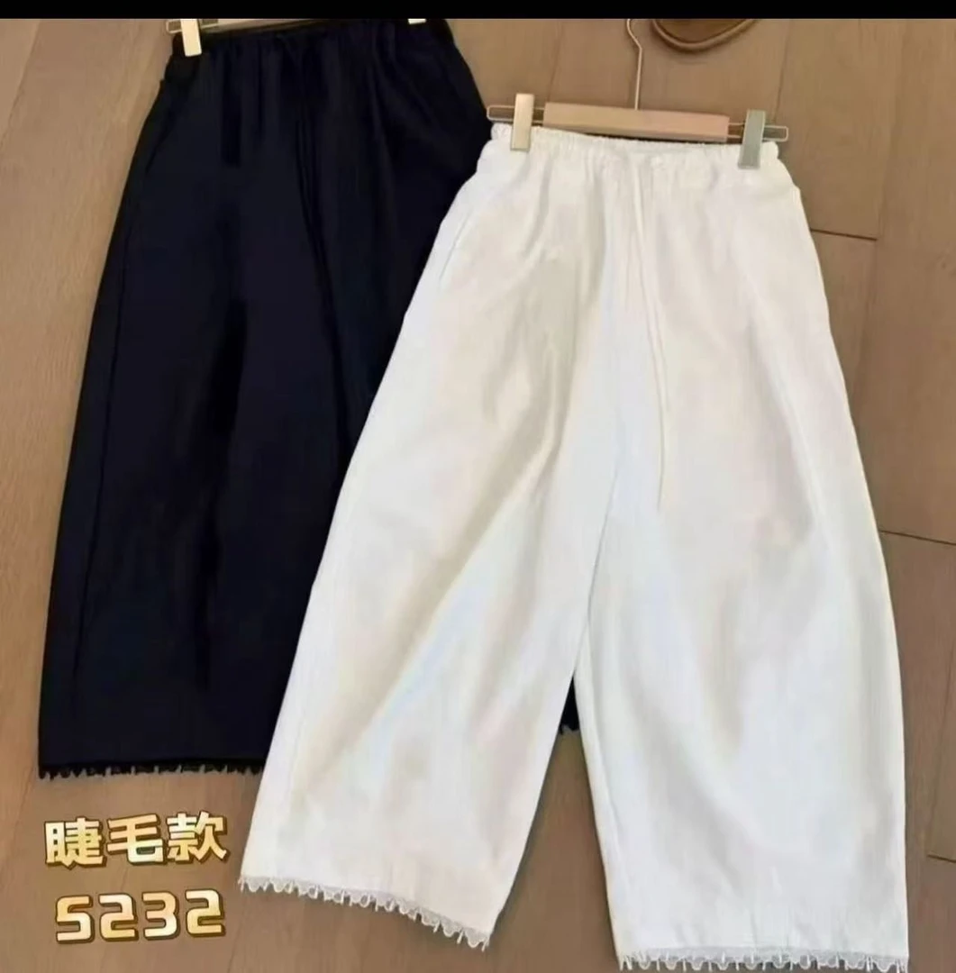 5232睫毛裤夏季新款韩版时尚百搭松紧腰宽松显瘦拼接蕾丝休闲裤女