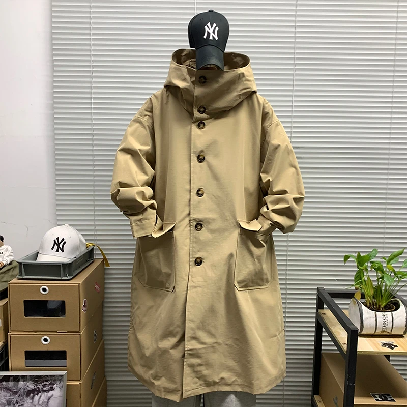 春秋新款连帽风衣外套男士潮牌休闲宽松百搭简约痞帅中长款大衣