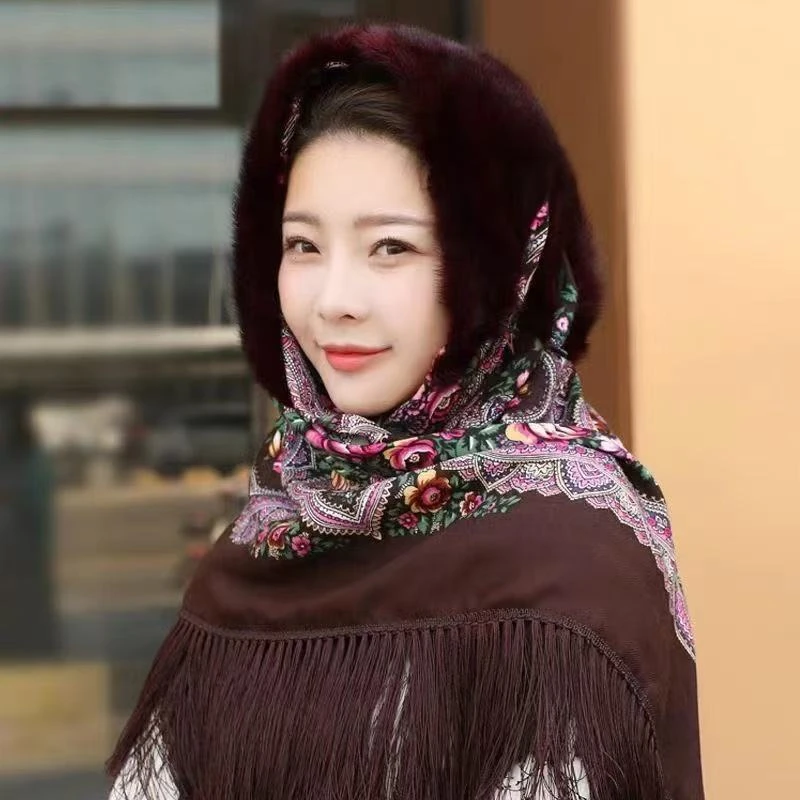 民族风仿皮草披肩保暖帽子中老年冬天围巾一体帽新款仿水貂毛帽子