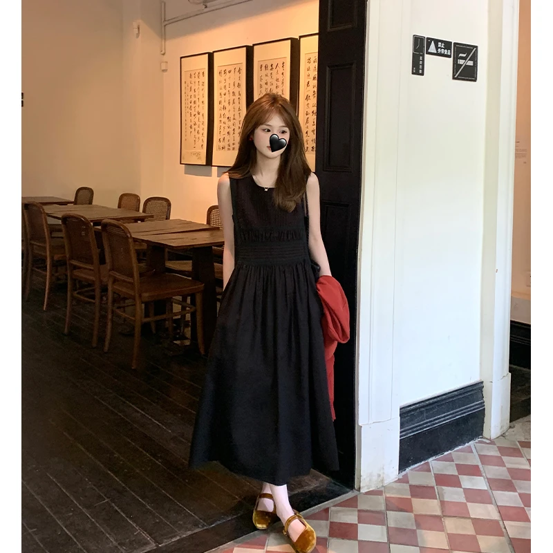 FUGUI RICH小个子黑色连衣裙中长款设计感亚麻背心裙 26241L2346