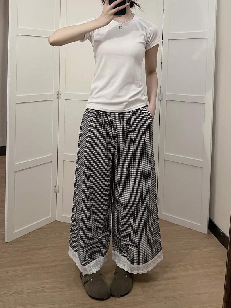 【DMXJ大梦想家】韩系甜美简约格纹设计长裤女夏款蕾丝花边家居长裤