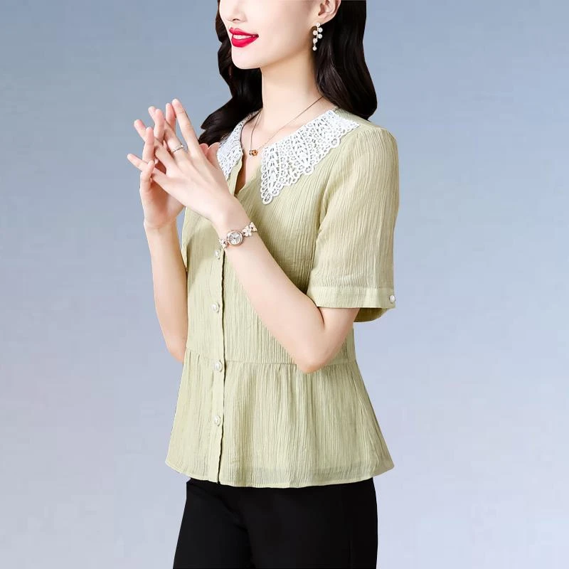 杜拉妮娃娃领上衣女夏装新款褶皱短袖衬衫女夏薄款轻奢感大码女装