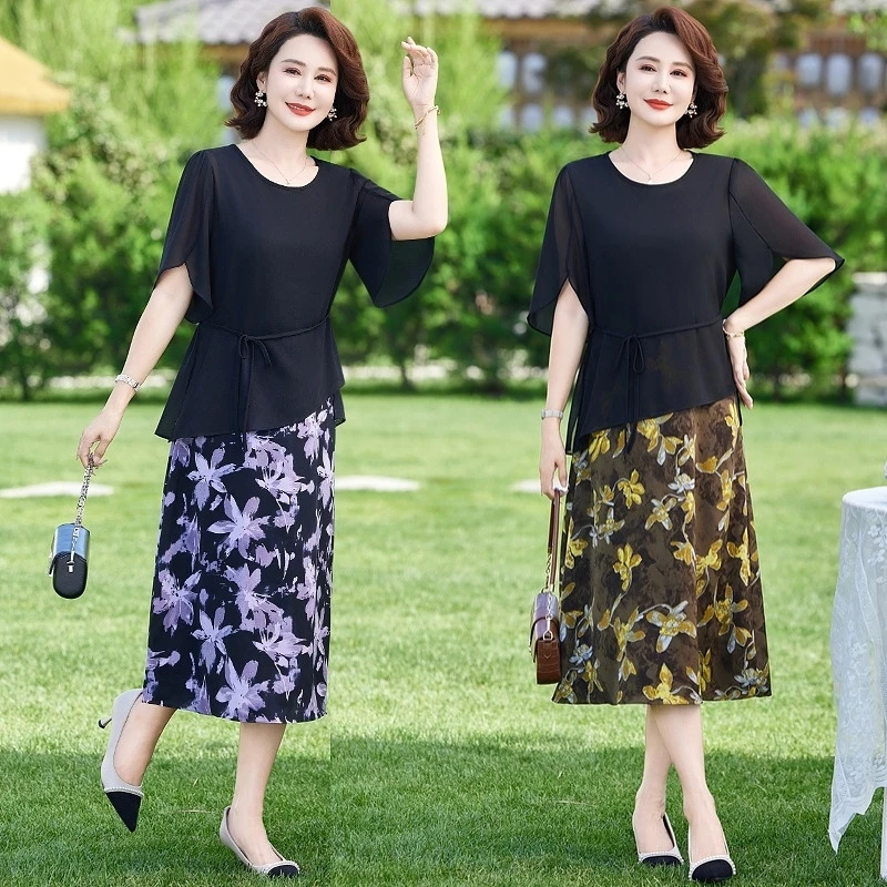 妈妈夏装假两件雪纺连衣裙洋气40岁50中老年女装夏季短袖碎花裙子