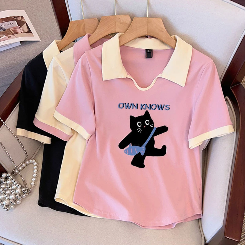 大码胖mm200斤撞色学院风修身遮肉V领polo衫女夏减龄显瘦洋气上衣