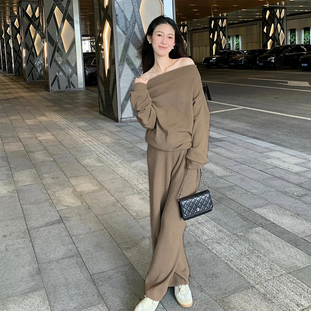 慵懒风休闲针织套装女2025秋季显瘦百搭纯色高级感上衣长裤两件套