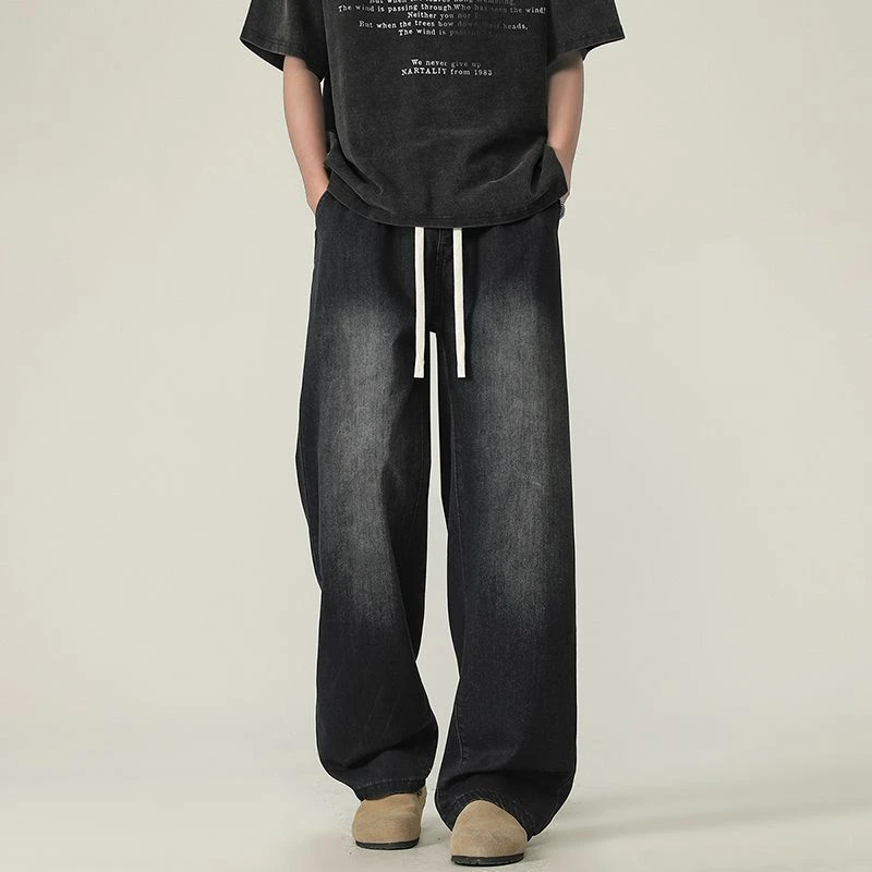 2362春季新款全松紧抽绳腰头设计面料百搭时尚男裤牛仔裤宽松直筒