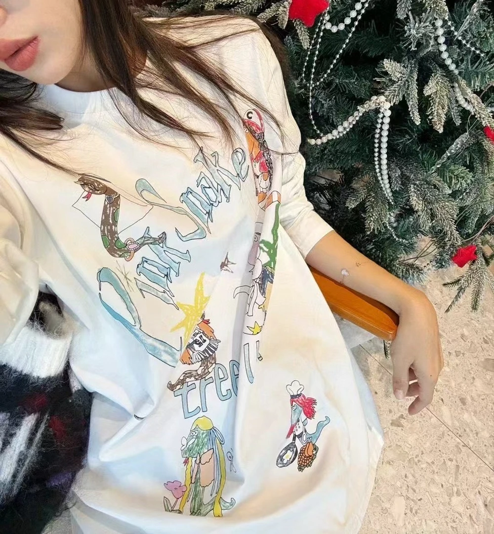 【巳巳如意】遮肉显瘦长袖印花棉T可爱蛇图案宽松型大码