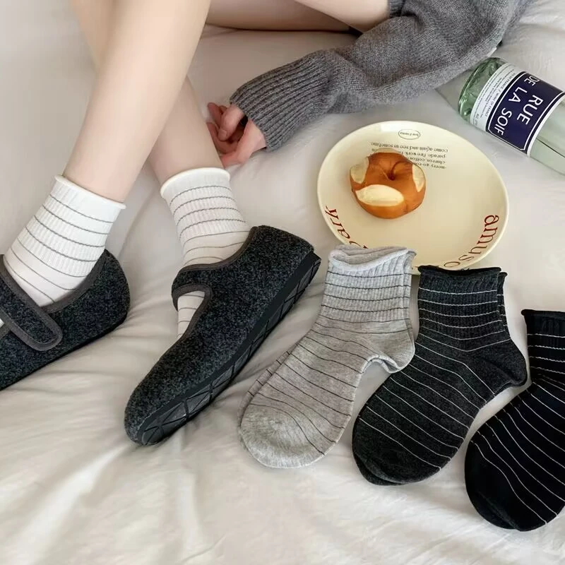 日系边25百搭女秋冬卷边无骨卷女中筒细条纹袜子袜条纹基础学生袜