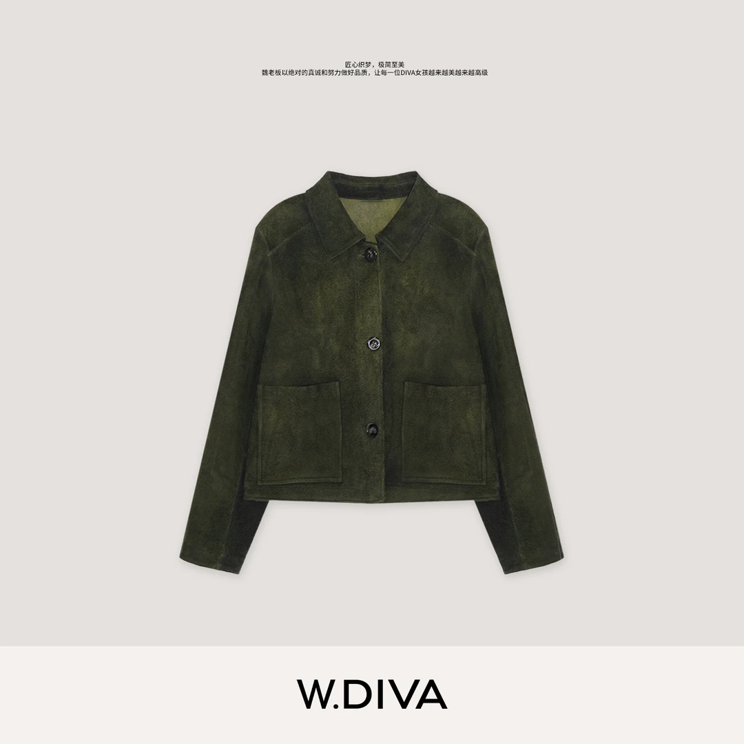 W.Diva【青芒】绿色西班牙进口长毛正绒羊皮革翻领外套女53C102612