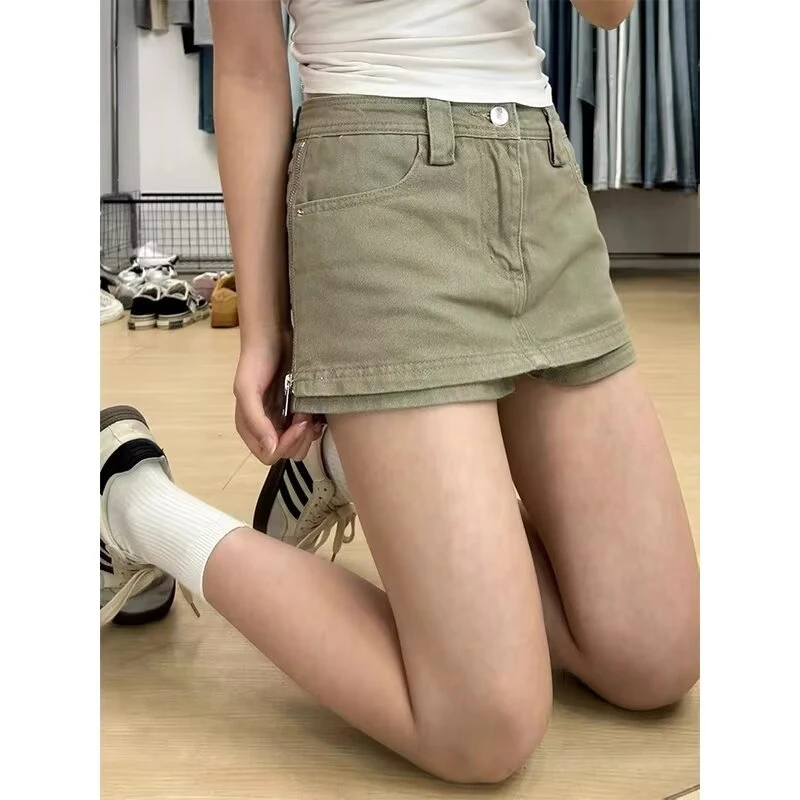 卡其色牛仔短裤女2025夏季新款薄款梨型身材高腰显瘦a字辣妹热裤