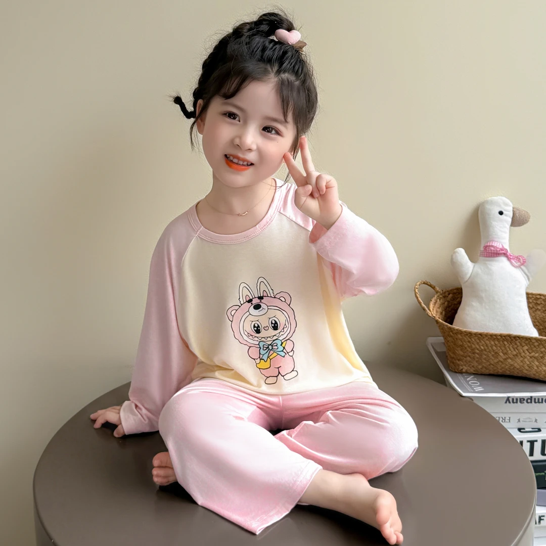 拉布布女童睡衣春秋新款女孩宝宝莫代尔长袖空调服套装儿童家居服