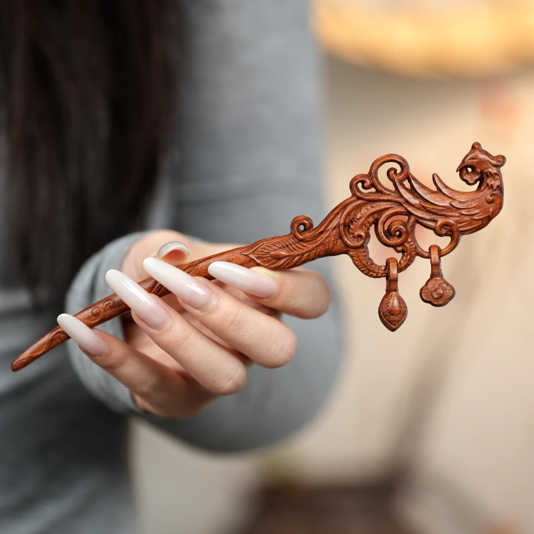 新中式凌云凤凰发簪高级感古风非洲酸枝木步摇簪子汉服精品发饰女