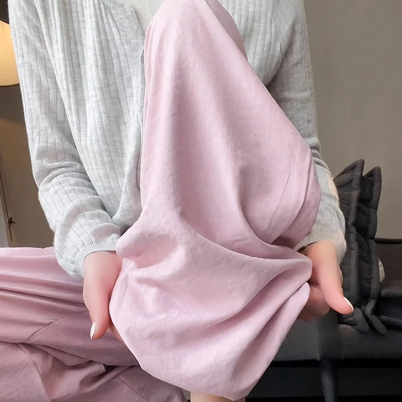 粉色奶芙山本裤女夏薄款2024新款休闲小个子肌理感遛弯阔腿裤