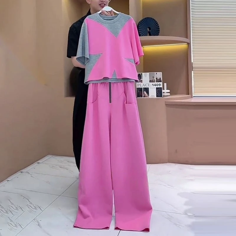 夏季新品减龄显白大气两件套时尚休闲短袖上衣纯色设计阔腿裤套装