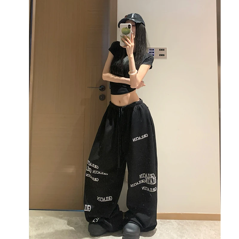 TWOMILLION美式辣妹运动裤女夏宽松显瘦慵懒直筒卫裤黑色休闲阔腿