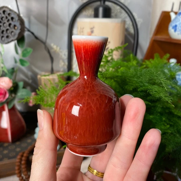 景德镇高温颜色釉原矿郎红福利小花瓶高端8.5cm