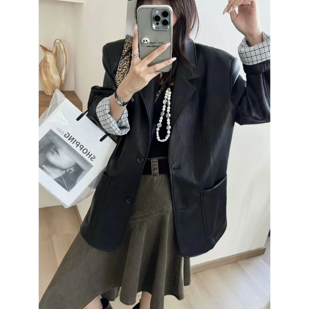 SP【马德里秋日】高级感翻领格纹PU皮衣女西装皮衣外套