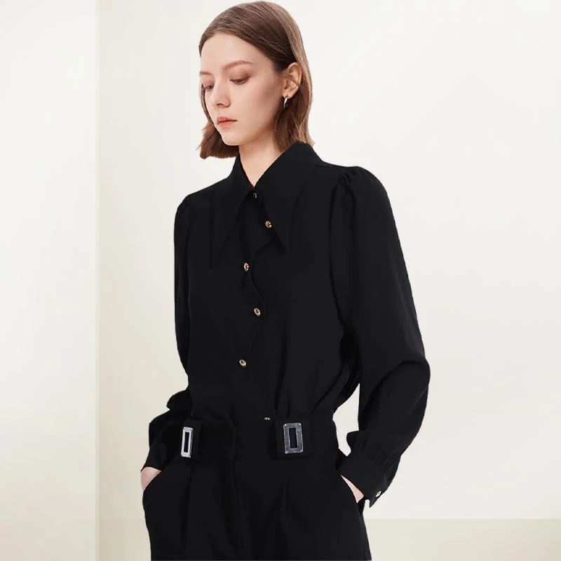 法式复古优雅别致设计感纽扣黑色显瘦衬衫2025年秋冬长袖衬衫女