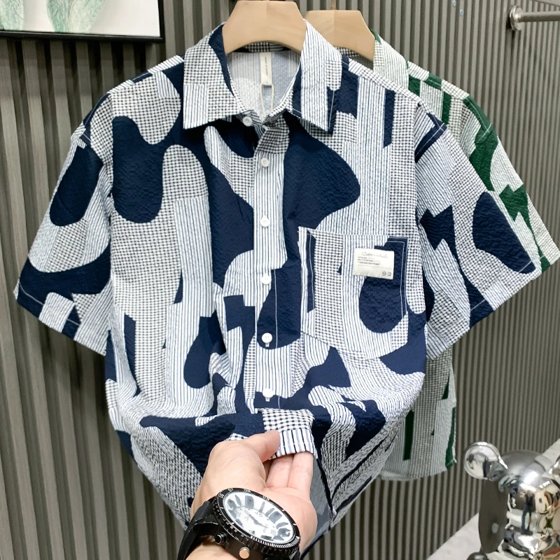 轻奢潮牌时尚印花衬衫男士夏季薄款速干短袖韩版潮流百搭帅气上衣