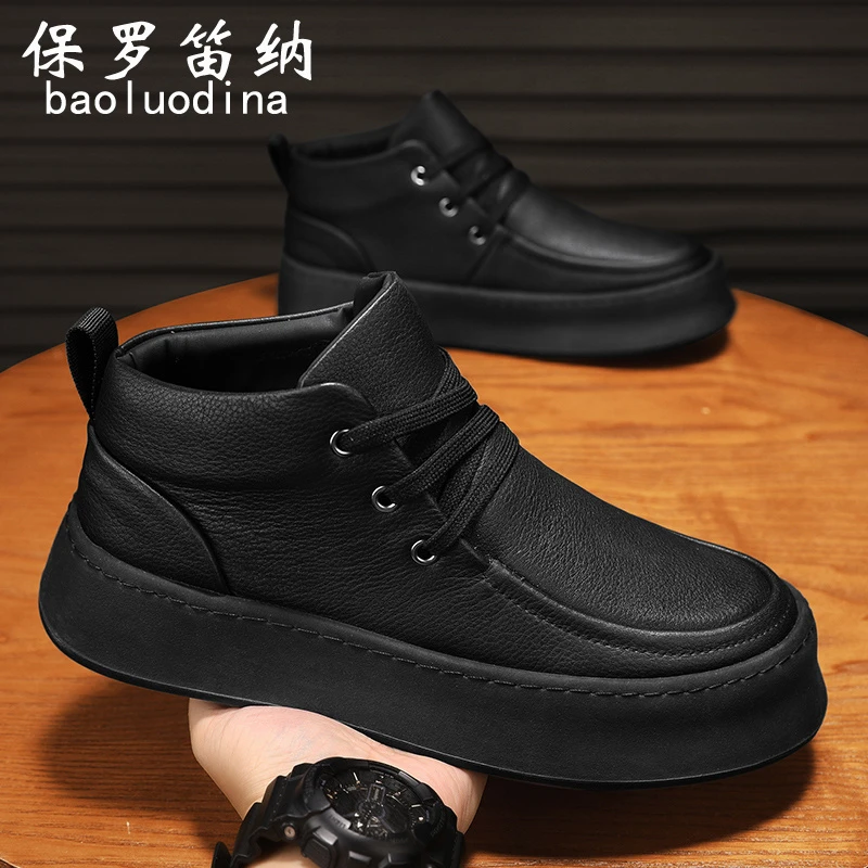 保罗笛纳鞋子男2025新款高帮休闲运动鞋厚底增高保暖户外黑色潮鞋
