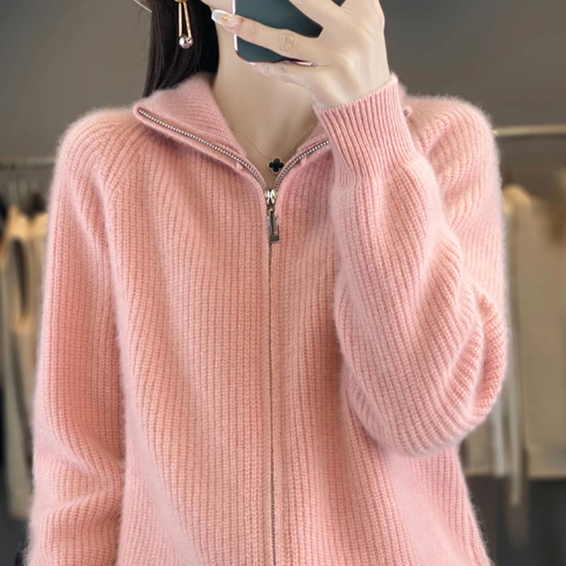 羊绒针织拉链开衫女半高领加厚提花针织毛衣外套宽松羊绒衫上衣女