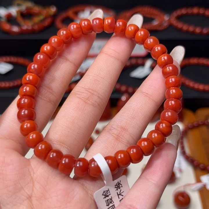 南红玛瑙未镶嵌手链精工直切老型满肉柿子红玫红双色7mm