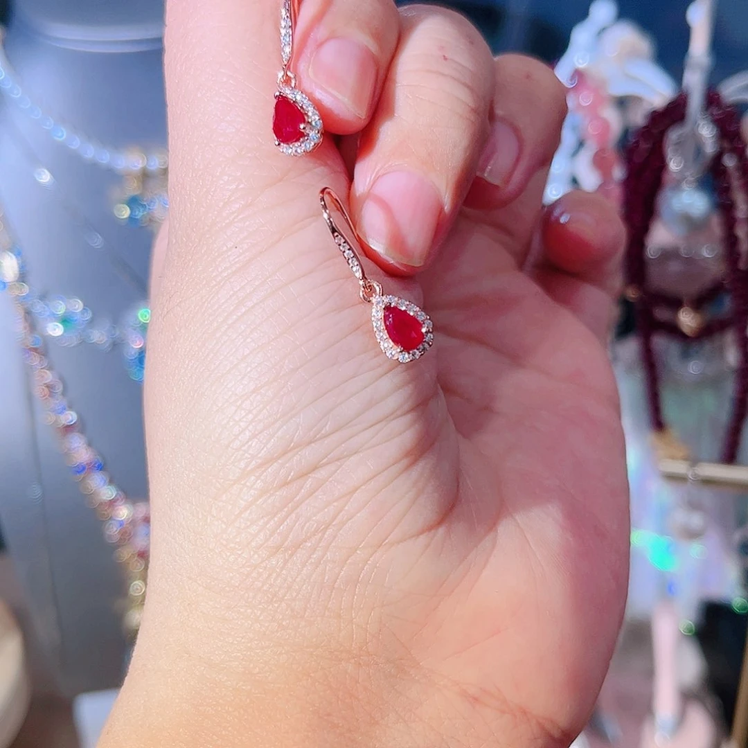 红宝石耳饰银S925镶嵌