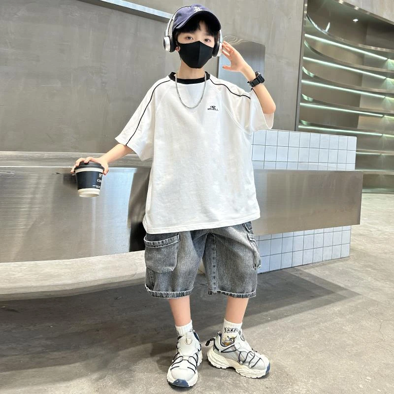 MK&UR.BV男童套装夏季2025新款潮儿童衣服中大童短袖两件套痞帅风